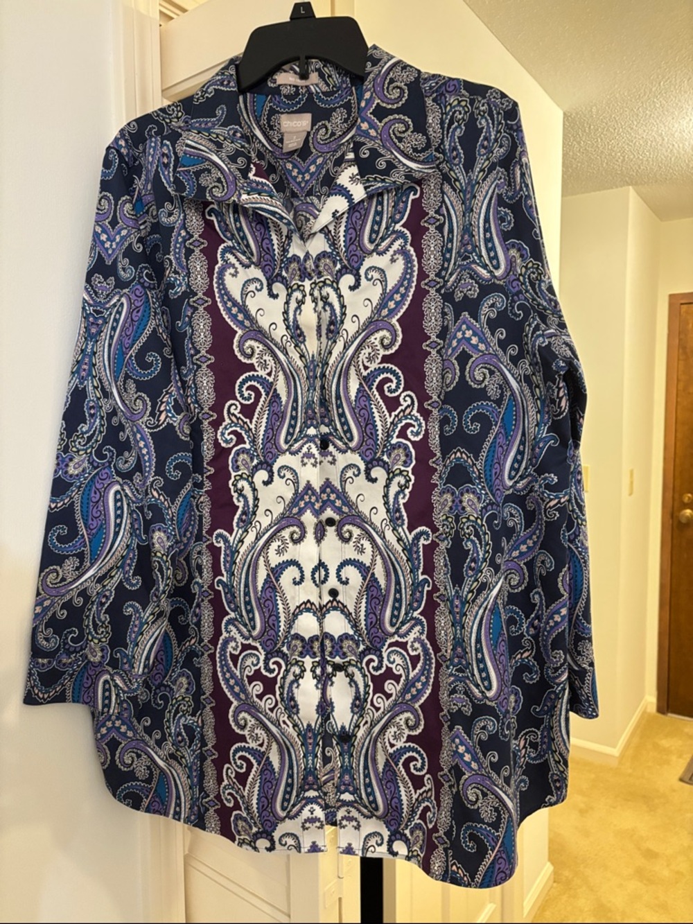 Chico's Paisley Collared Tunic in Navy, Purple, White